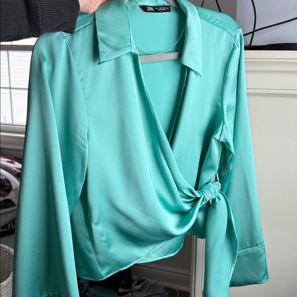 Zara Women's Teal Wrap Blouse